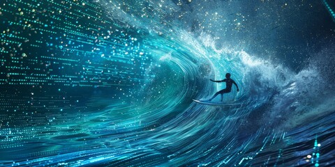 Poster - A person surfing onwave of digital data insurreal futuristic concept.