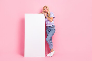 Wall Mural - Full length photo of pretty cute lady stand big telephone advertise travel agency app booking service isolated on pink color background