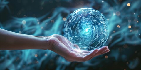Poster - Data Swirl Sphere in Hand - Futuristic Technology Concept Image for Stock Usage