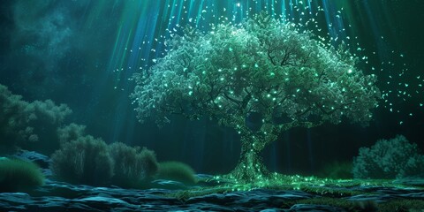 Poster - Nature-Inspired Digital Artwork: TreeLeaf Patterns in Code || Creative Tech Design Forest Scene