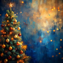 Vintage blue gold christmas background with fir and gold bokeh . Template, mockup, banner blank template. Copy space. 