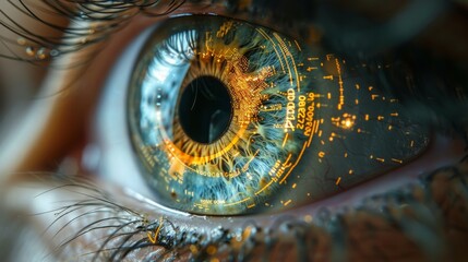 Poster - A close up shot of a human eye, focusing on the iris, with a digital display overlayed. The display shows various numbers and symbols, creating a futuristic aesthetic.