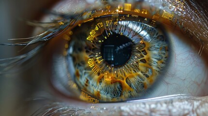 Poster - A macro shot of a human eye with digital data reflected in the iris.