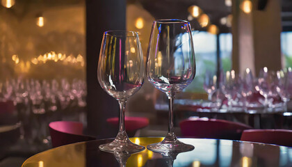 a close up of a plate of food on a table with a wine glass and wine bottle in the background.