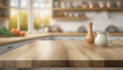 Empty tabletop over defocused kitchen with copy space