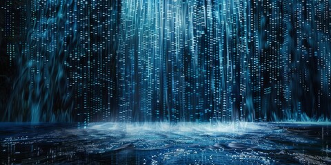 Fototapete - Flowing Binary Code Waterfall Cascading Down Abstract Digital Background Concept