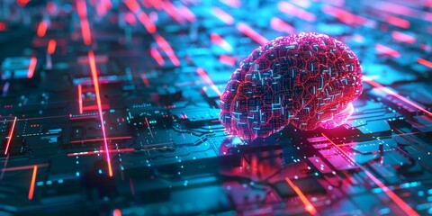 Fototapete - Glowing Data Nodes Neon Style Artificial Intelligence Brain Visualization