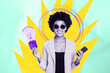 © deagreez - Composite photo collage of happy american girl freelancer hold phone light bulb idea finding concept isolated on painted background