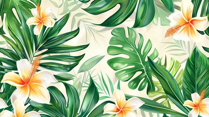 Wall Mural - Beach cheerful seamless pattern wallpaper of tropical palm green leaves of palm trees and paradise (strelitzia) plumeria on a jungle leaves