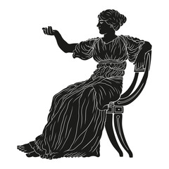 Wall Mural - An ancient Greek young woman in a tunic sits on a chair, talks and gesticulates, raising her hand up. Figure isolated on white background