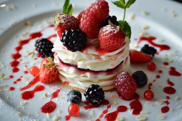 Poster - Delicious meringue cake decorated with fresh berries and mint being served on white plate