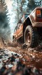 © BoOm - Off-road vehicle navigating through a muddy trail in a dense forest, showcasing adventure and rugged terrain driving.