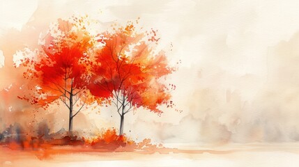 Watercolor painting of two vibrant red autumn trees with a serene misty background, capturing the beauty of fall foliage.