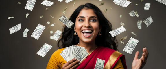 A woman in a traditional sari smiles widely as she catches falling dollar bills with both hands