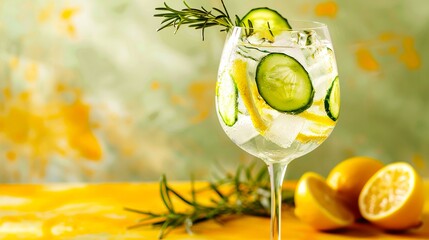 Wall Mural - Refreshing cocktail with cucumber and lemon in a tall glass. In the background, there are scattered lemons and rosemary. The setting is a cozy, bright kitchen. Perfect for summer refreshment. AI