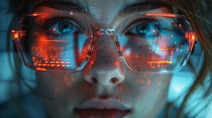 Poster - Close-up portrait of a woman wearing futuristic glasses with red and blue lights reflecting in the lenses.