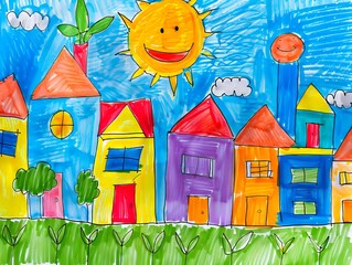 Wall Mural - A child's drawing of a colorful town with sun.