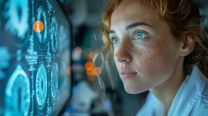 Poster - A young woman with blue eyes looks intently at a computer screen displaying brain scans.