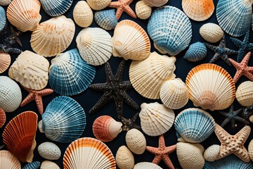 Wall Mural - Assortment of colorful seashells and starfish arranged neatly on a contrasting dark backdrop