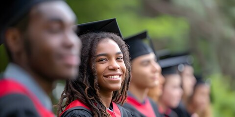 Wall Mural - Graduating students in caps and gowns outside listening to speaker and smiling. Concept Graduation Ceremony, Cap and Gown, Smiling Students, Outdoor Event, Speaker Address