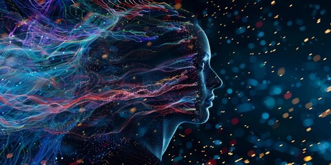 Fototapete - Flowing Data Human Silhouette Technology Digital Abstract Background Concept.