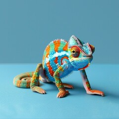 Wall Mural - Colorful chameleon on a blue background