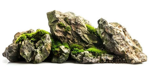 Wall Mural - Close-up of brown rocks with moss for aquarium decoration, isolated on a white background. Concept Aquarium Decor, Brown Rocks, Moss, Close-up Photography, White Background