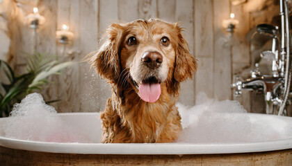 A cute little dog taking a bubble bath with his paws up on bubble the rim of the tub