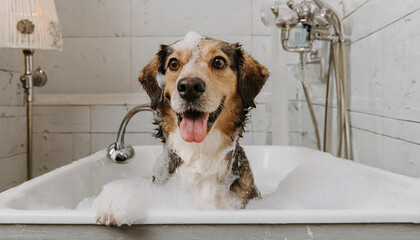 A cute little dog taking a bubble bath with his paws up on bubble the rim of the tub