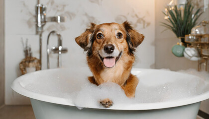 A cute little dog taking a bubble bath with his paws up on bubble the rim of the tub