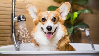 Funny portrait of a welsh corgi pembroke dog showering with shampoo. Dog taking a bubble bath in grooming salon