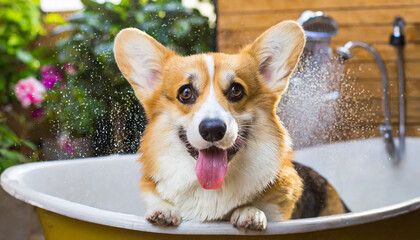 Funny portrait of a welsh corgi pembroke dog showering with shampoo. Dog taking a bubble bath in grooming salon