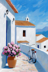 Wall Mural - Impressionist painting of a quaint street in Granada with whitewashed buildings, terracotta roofs, and a bicycle parked beside a blooming pot of flowers. Bright, serene scene.