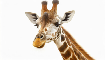 A fun and quirky portrait of a giraffe, upside down, its long neck and curious face presented against a stark white background, a playful twist on wildlife photography