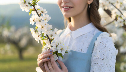 Girl holds a branch of blossoming apple tree in her hands. Close up of beautiful female hands holding a branch of blossoming fruit tree. Soft focus