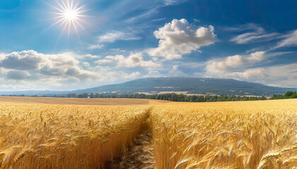 Wall Mural - beautiful illustration of a field of ripe wheat against the blue sky,