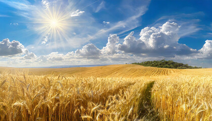 Wall Mural - beautiful illustration of a field of ripe wheat against the blue sky,