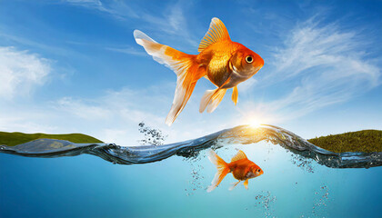 Canvas Print - Goldfish jumping out of round fishbowl into freedom