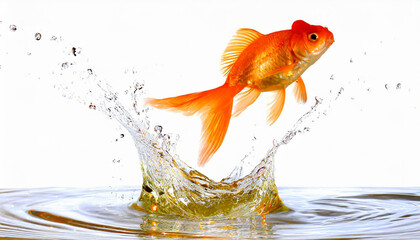 Canvas Print - Goldfish jumping out of round fishbowl into freedom