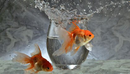 Goldfish jumping out of round fishbowl into freedom