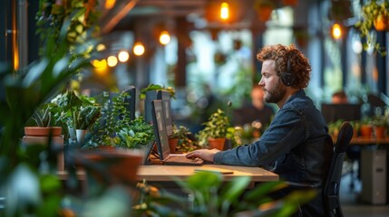 Poster - A man wearing headphones works on his laptop in a modern office. The room is decorated with greenery.