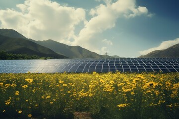 Wall Mural - Photovoltaic solar panels harness renewable energy in a field of yellow wildflowers with scenic mountains behind