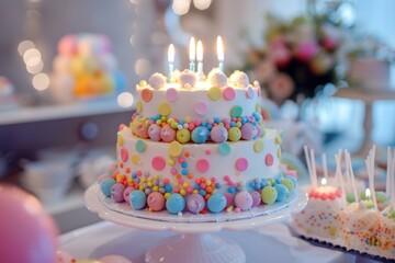 Wall Mural - Two tier birthday cake decorated with colorful candies and lit candles, celebrating a joyful occasion