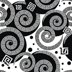 Canvas Print - Black and white greek key meanders seamless pattern with spiral, swirls, circles, polka dots. Vector ornamental monochrome geometric background. Abstract modern ornaments with greek ancient elements