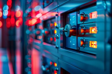 Poster - Control panel with lights flashing showing system overload in server room of a data center