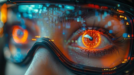 Poster - A persons eye looking through goggles with a digital interface reflecting in the lens. The eye is bright orange.