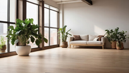 Poster - Minimalist living room with large windows hardwood floors white couch and potted plants