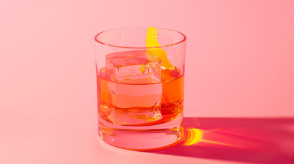 sazerac cocktail with orange peel garnish on pink background
