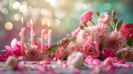 Wall Mural - pink and white flowers with 4 candles