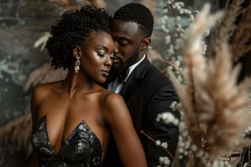 Young couple is embracing while posing for the camera during their engagement photoshoot